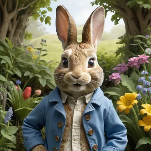 Prompt: "Draw Peter Rabbit in the style of Jamie Wyeth. Peter Rabbit should have detailed, realistic fur with earthy tones, standing in a lush garden. He wears a blue jacket with visible texture and wear. The background includes a variety of plants and flowers, painted with intricate details, capturing a natural setting. The use of light and shadow should add depth, making Peter Rabbit appear almost lifelike, yet retaining a whimsical charm."
Please make the picture a head shot only and photo realistic like a real rabbit



