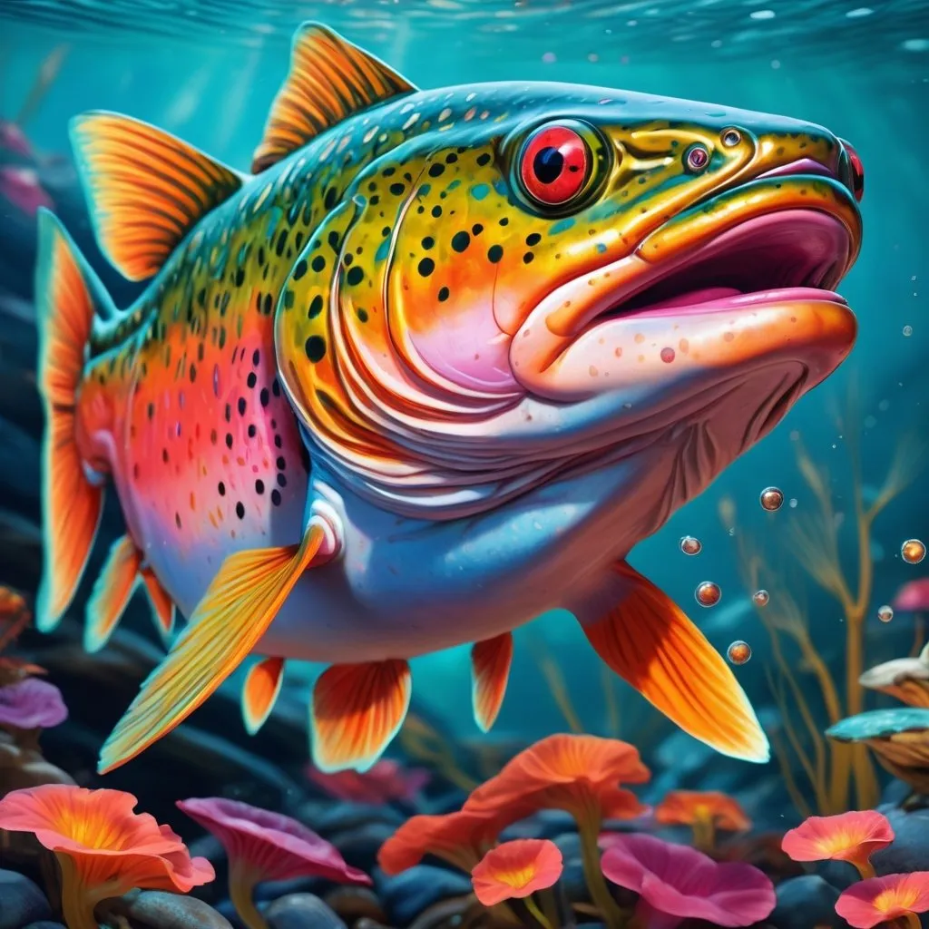 Prompt: psychedelic trout fish super hyper realistic details 