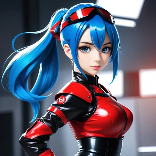 Prompt: 1girl, spy agent, blue hair ponytail, red and black pvc armor, red skirt, anime style, digital art,