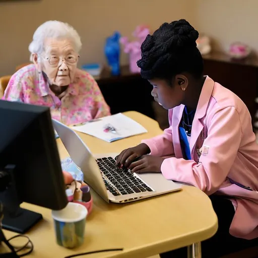 Prompt: A young caregiver working on a computer sitting at a desk care station.  the caregiver is typing on the computer.  In the background is a senior living resident in a wheelchair who not on a computer and sitting alone.  