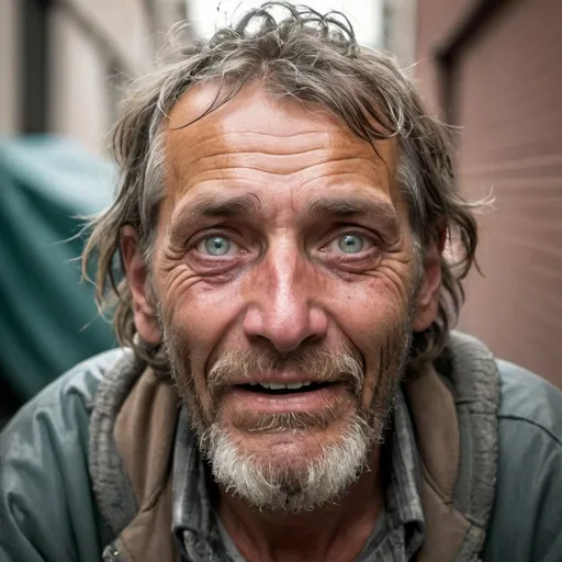 Prompt: A homeless man having an idea to solve his situation and being happy about it. His eyes shows a cunning look to take revenge on all the people who made him homeless.