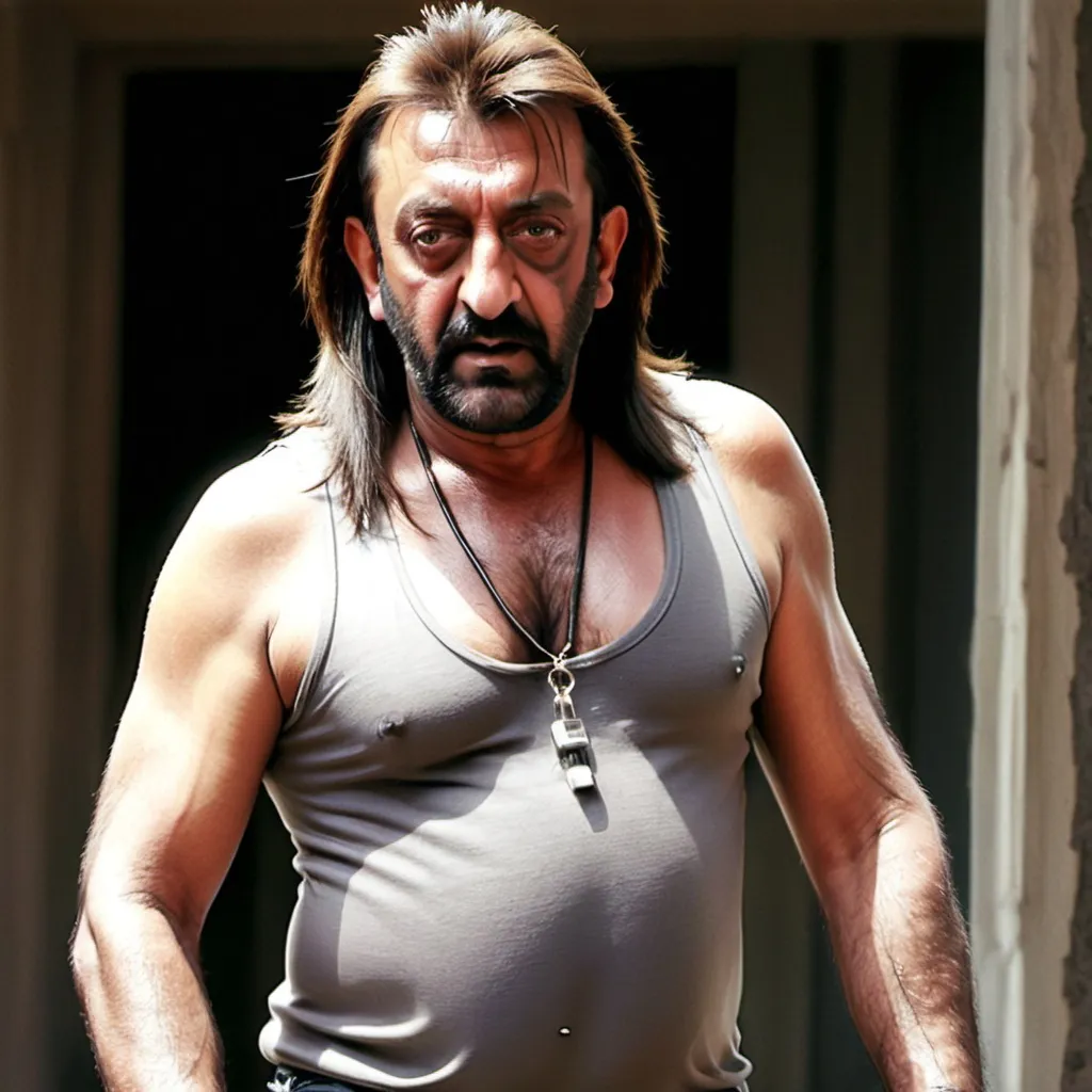 Prompt: Poor sanjay dutt with long hair with skinny body and full body