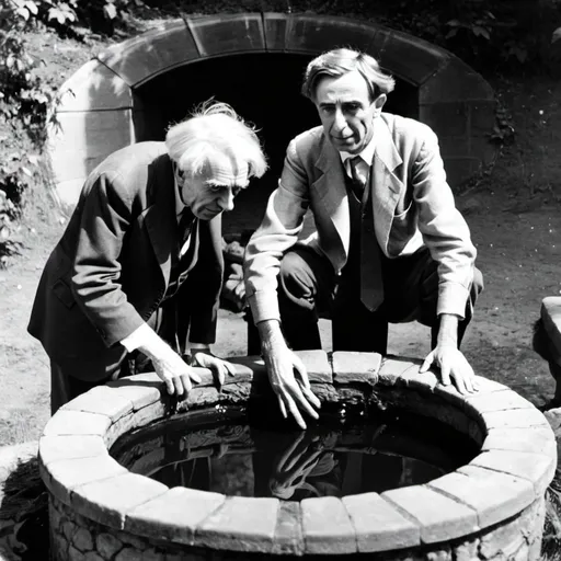 Prompt: plato and bertrand russell looking a a frog in a well