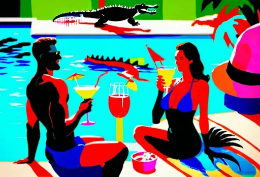 Prompt: 2men and a woman sitting near the swimming pool wearing bathing suits and drinking cocktail while a crocodile swims in the pool