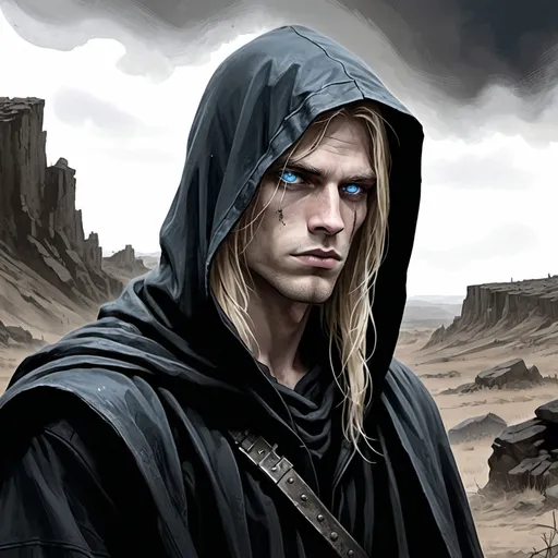 Prompt: Post-apocalyptic digital art of a male with long blonde hair and blue eyes, wearing a black hood and black cloak, no shirt, a silver metallic right arm with finger claws, gritty and dark atmosphere, high quality, digital painting, intense gaze, muted tones, dramatic lighting, detailed metal arm, rugged and worn-out look, desolate landscape, graphic novel illustration,  2d shaded retro comic book