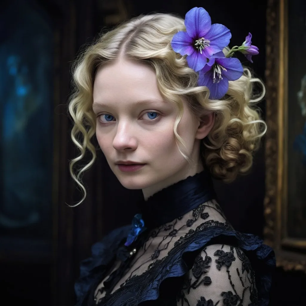 Prompt: Victorian Era image of Mia Wasikowska, blonde hair with cascading curls, a purple nightshade flower tucked behind ear, bright blue eyes, slender and graceful, pale skin, detailed facial features, high quality, oil painting, Victorian, elegant, detailed hair, vintage fashion, graceful pose, manor setting, dark gothic lighting, dark gothic atmosphere