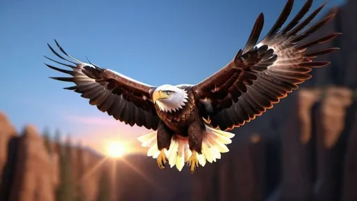 Prompt: Realistic 3D animation of a majestic eagle in flight, intricate feather details, vibrant and dynamic motion, 4k, ultra-detailed, realistic 3D rendering, natural and vibrant color tones, dynamic lighting and shadows, powerful and fierce gaze, live wallpaper, nature, wildlife, realistic movement, professional quality