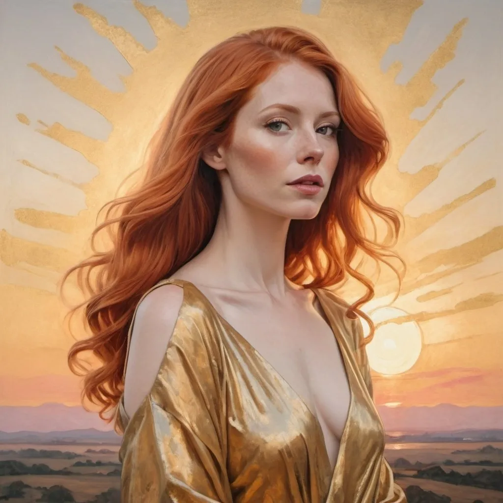 Prompt: Sunrise as a light red haired woman wearing a gold gown painting tall portrait