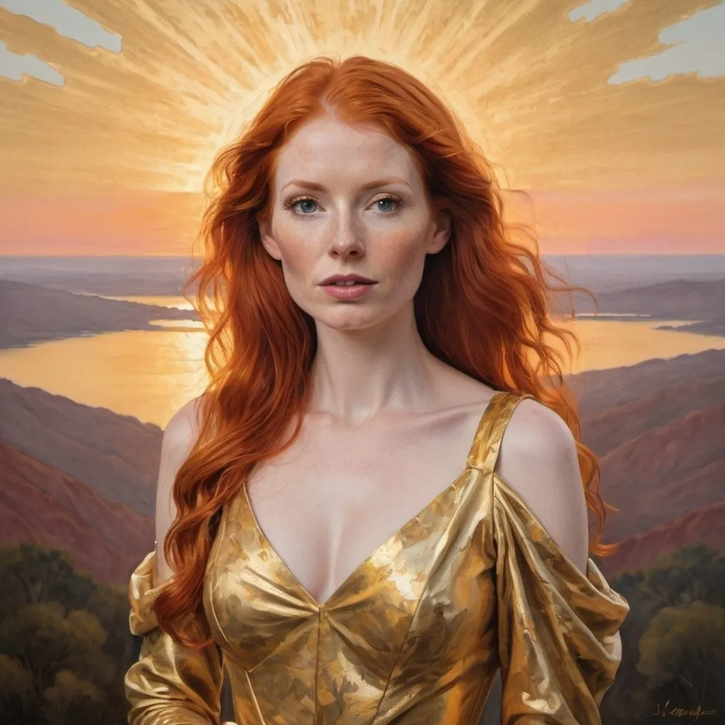 Prompt: Sunrise as a red haired woman wearing a gold gown painting tall portrait