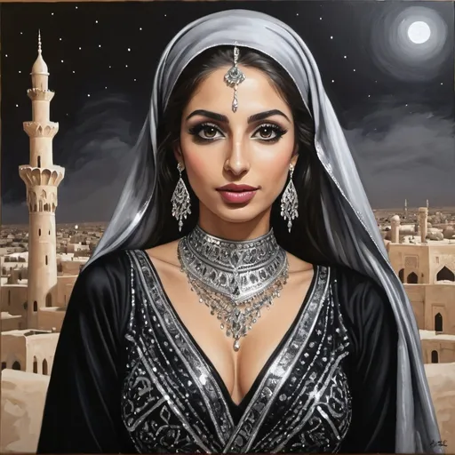 Prompt: Night as a middle eastern woman wearing a black and silver dress painting