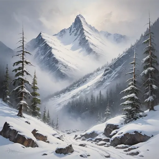 Prompt: Mountain blizzard painting