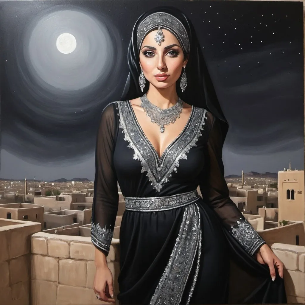 Prompt: Night as a middle eastern woman wearing a black and silver dress painting