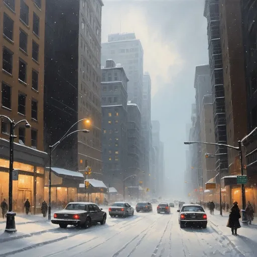 Prompt: City in a blizzard painting