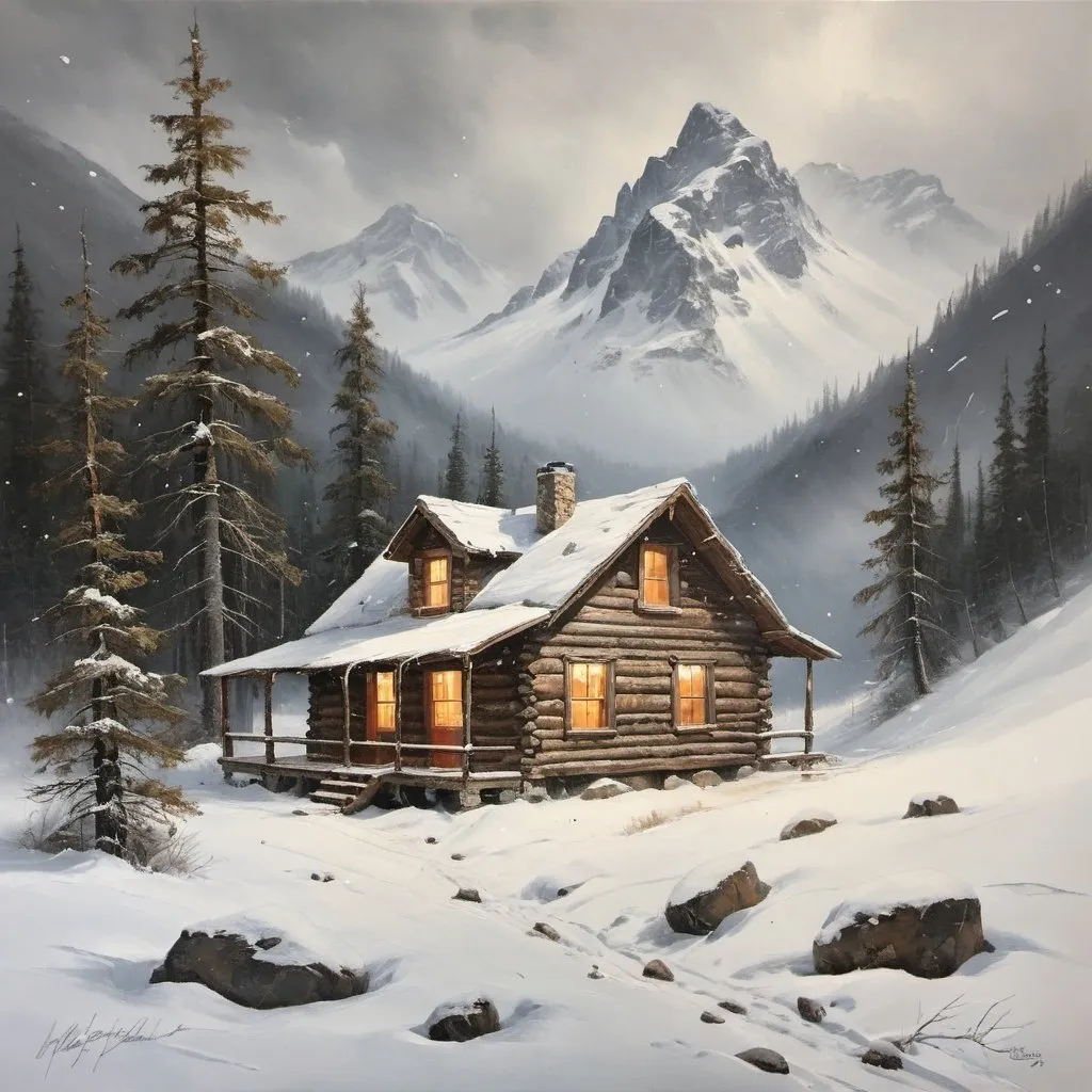 Prompt: Mountain Cabin in a blizzard painting