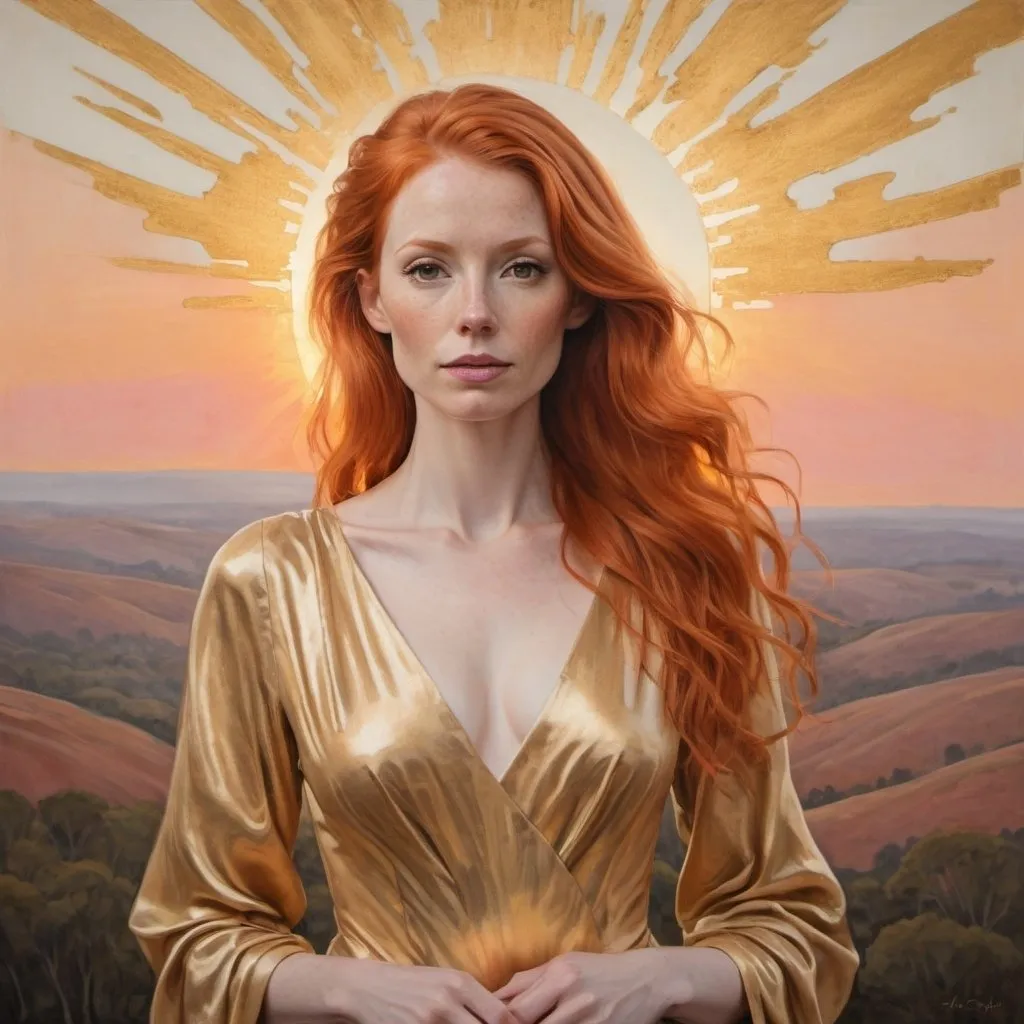 Prompt: Sunrise as a light red haired woman wearing a gold gown painting tall portrait