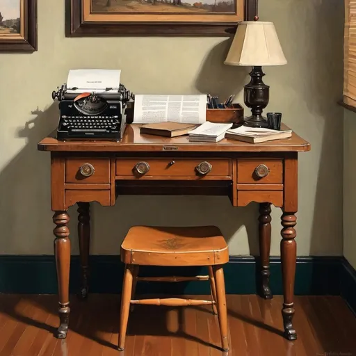 Prompt: an old-fashioned writing desk with typewriter normal rockwell painting