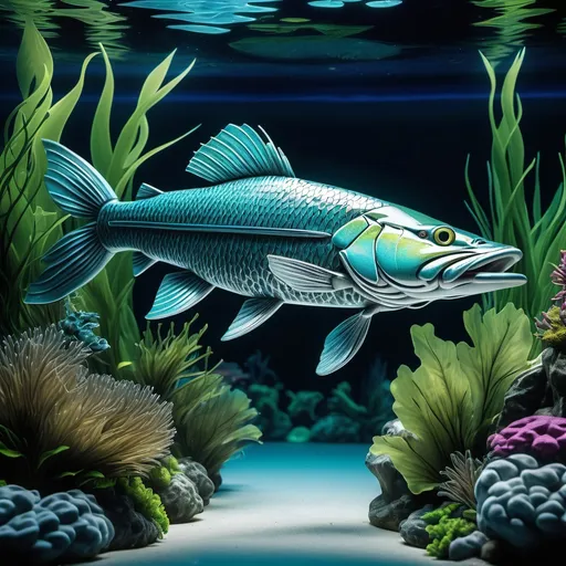 Prompt: gar fish intertwined with a snook, vibrant aquatic scene, unique hybrid design, shimmering scales, intricate details, realistic water reflections, lush underwater plants, cool blue and green tones, high contrast lighting, energetic motion capture, ultra-detailed, ideal for showcasing marine life, visually captivating and dynamic atmosphere.
