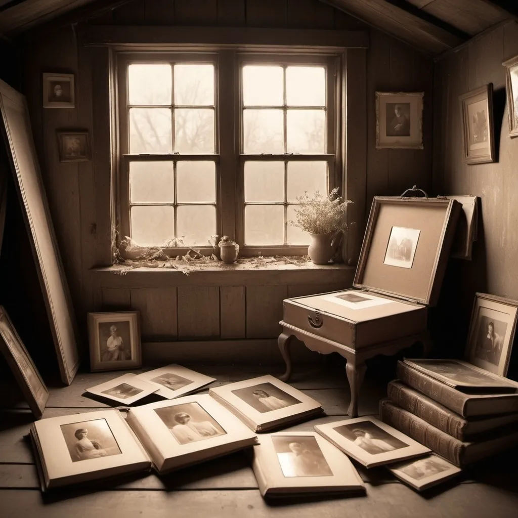 Prompt: In a forgotten attic, dusty photo albums hold snapshots of a timeless love story. Capture the ethereal beauty of sepia-toned photographs coming to life, revealing a romance that defied time. Include gentle rays of sunlight filtering through old window panes, casting warm glows on these lost memories.