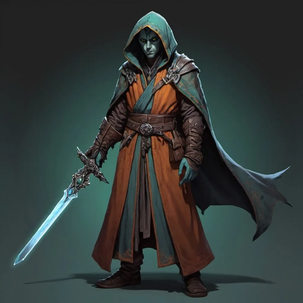 a male changeling rogue in a robe holding a sword