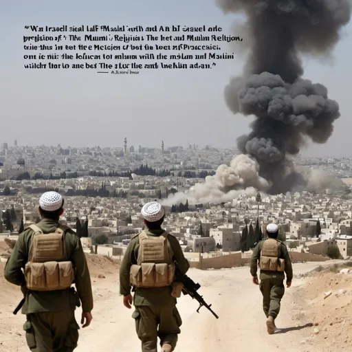 Prompt: A picture of war with Israel and a half with a quote of the best practices of the Muslim religion