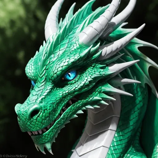 Prompt: Emerald green dragon with light blue eyes