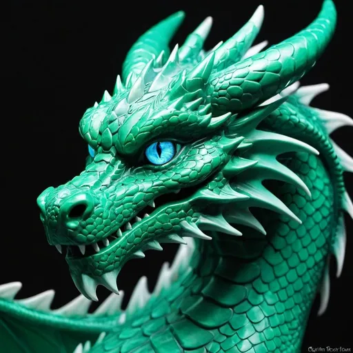 Prompt: Emerald green dragon with light blue eyes