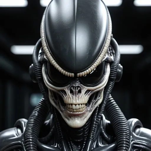 Prompt: create a realistic xenomorph sunglasses with details. The Sunglasses should resamble the aspects of the xenomorphs face. On a human head. high detail, 4k resolution, dynamic lighting. Grain effect on image. Realistic photo.