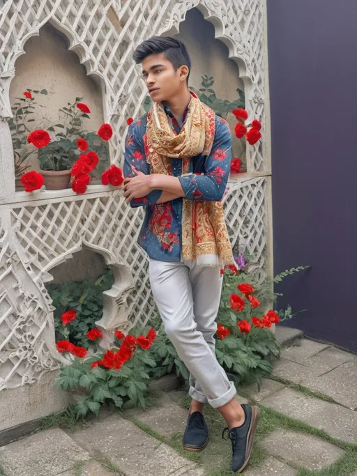Prompt: Framed against a backdrop of intricate latticework adorned with vibrant red and white flowers, a young man stands casually with his arms crossed, exuding a relaxed confidence. His outfit features a multicolored shirt complemented by an ornate golden scarf, adding an air of stylishness to his look. The scene appears to take place outdoors, bathed in natural light that enhances the vivid colors of his attire and the floral arrangements. The relaxed posture and thoughtful expression suggest a moment of contemplation, inviting viewers to ponder his thoughts or story. The overall ambiance conveys a sense of leisure, with the greenery and decorative elements merging harmoniously to create a lively yet tranquil setting.