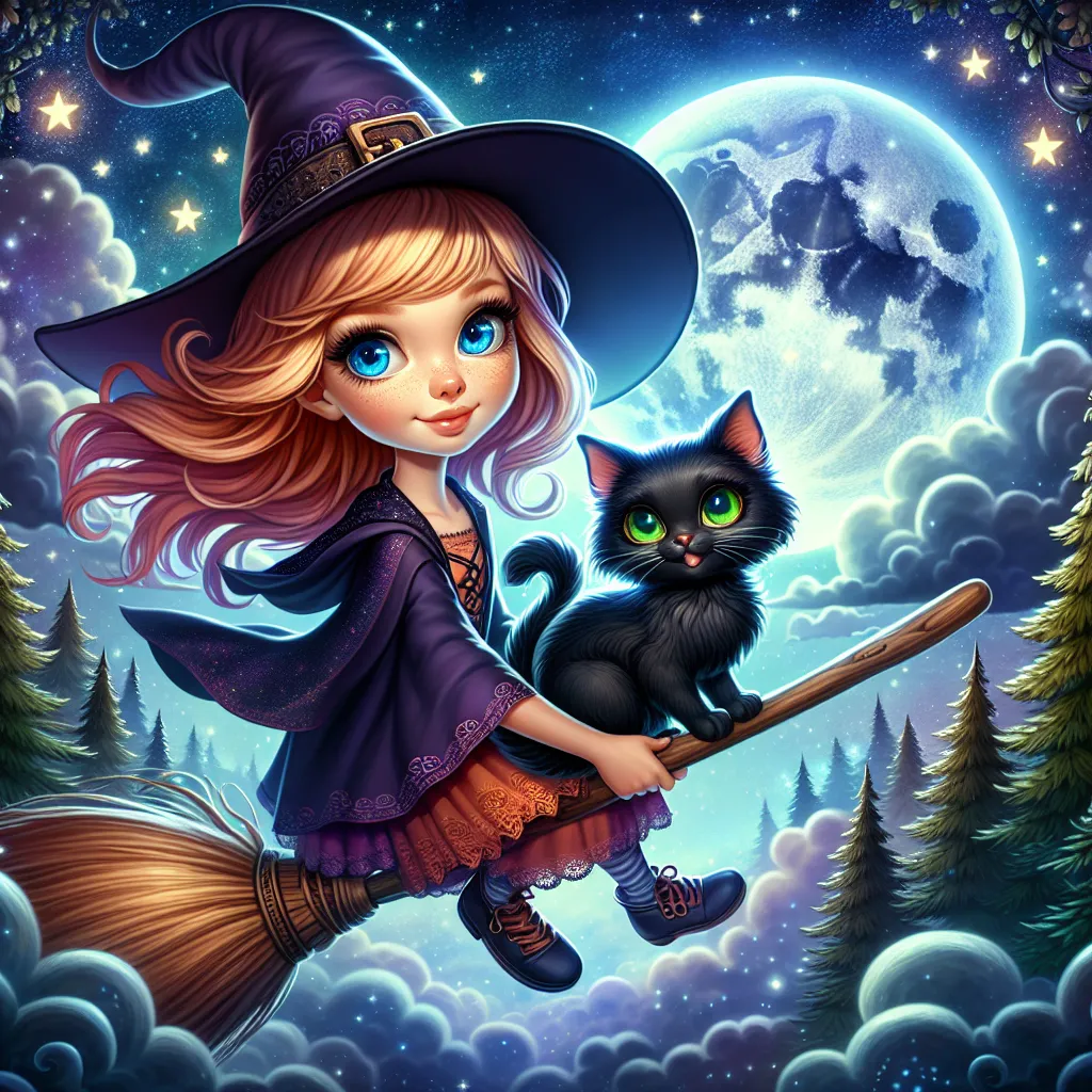 Prompt: A whimsical scene featuring a young girl with strawberry blond hair and blue eyes, wearing a witch's hat. She's riding a broomstick through a starry night sky. Perched behind her her black cat with striking yellow eyes and  flowing fur. The background showcases a enchanted forest below and a large, mystical moon above.