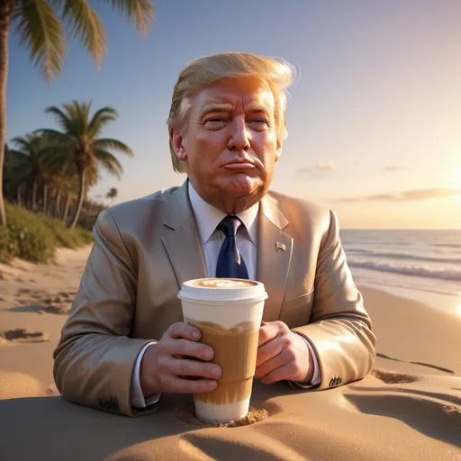 Prompt: donald trump drinking a latte on the beach