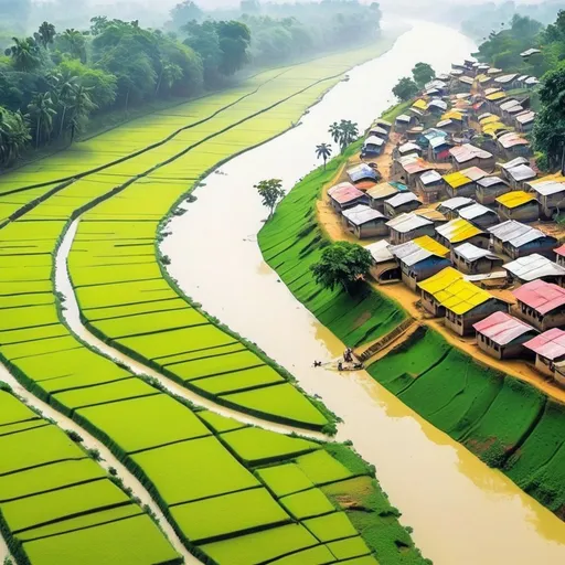 Prompt: create an creative on the village of Bangladesh. there will be a river as well as a hill, close shot