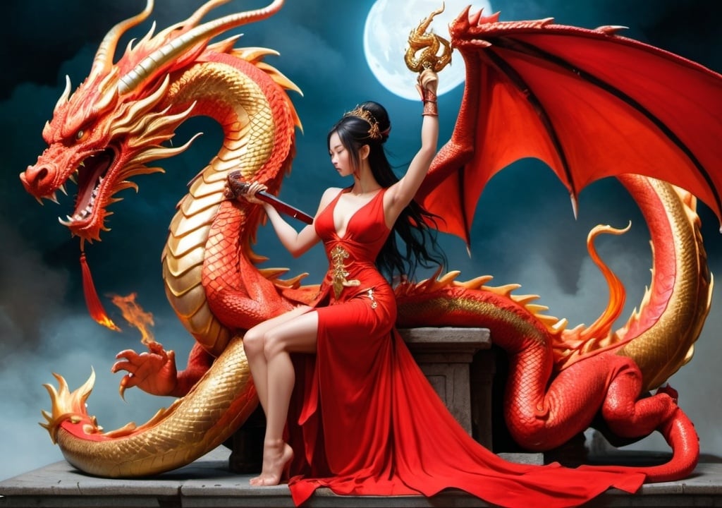 Prompt: A goddess in a flaming red dress. The dress has deep slits on the sides showing her legs and in the front and back, showing her chest, navel and back. She is holding a sword in one hand and a snake in the other hand, ready to go to war. She is riding a huge golden dragon. There is a man kneeling Infront of the dragon in submission. He has surrendered to the goddess laying down his arms.