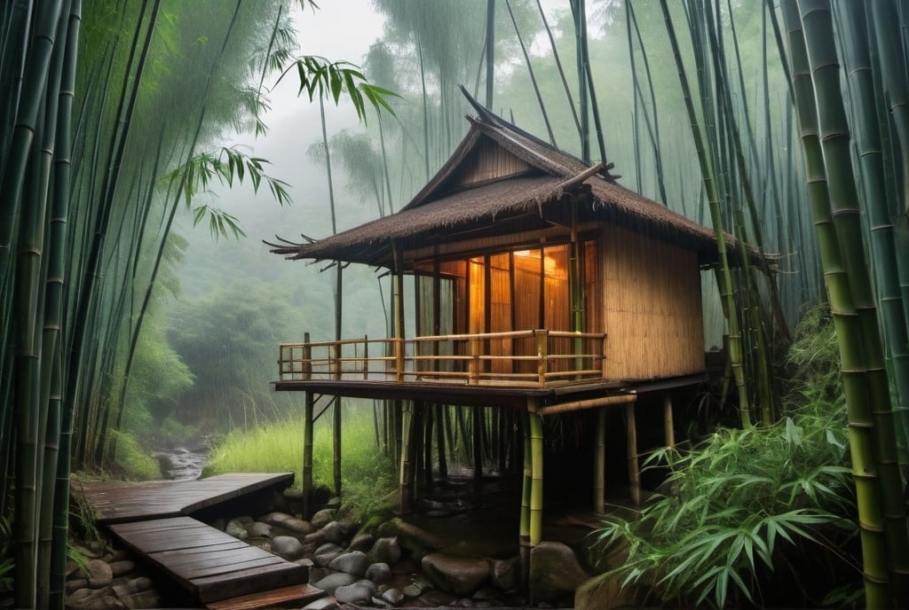 Prompt: A bamboo hut on stilts in an enchanted bamboo forest. Mountain side. Large open windows. Bare meditation space. Zen. Mist and rain. Running water. Koan. 
