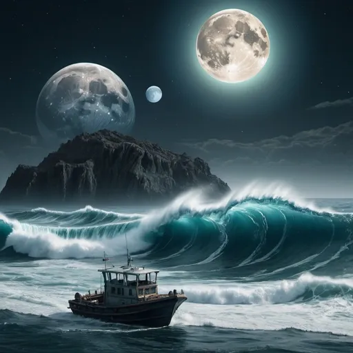 Prompt: A small boat in front of a huge wave on an ocean in an alien planet with one huge moon and two smaller moons