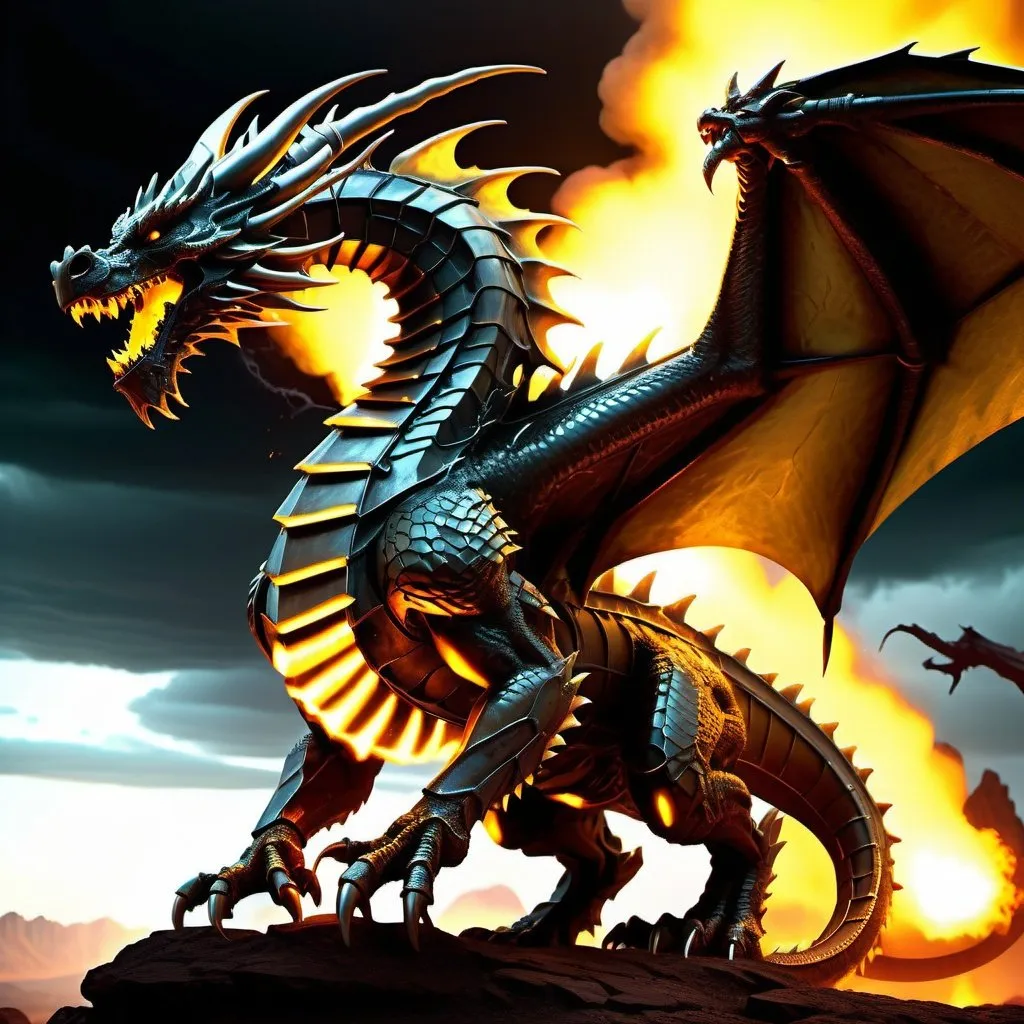 Prompt: Create an image of a radioactive iron dragon with maximum quality and advanced levels of detail. The style should be cinematic, evoking an epic and powerful sensation. The dragon should be imposing, with gleaming iron scales and glowing contours due to the radiation. The surrounding landscape should reflect the radioactive intensity, with dramatic light and shadow effects and a mysterious, electrifying atmosphere.






