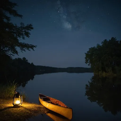 Prompt: A old lake at night with a canoe with a lantern
