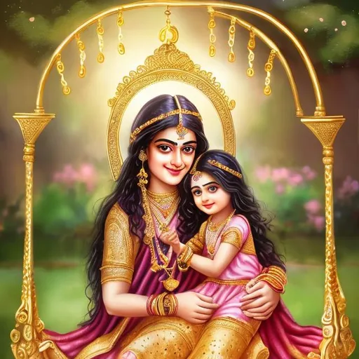 Prompt: Lord Siya Ram holding their daughter on swings in a garden, golden jewelry, silk attire, smiling daughter holding father's finger, divine setting, detailed facial features, high-quality, traditional painting, warm tones, soft lighting