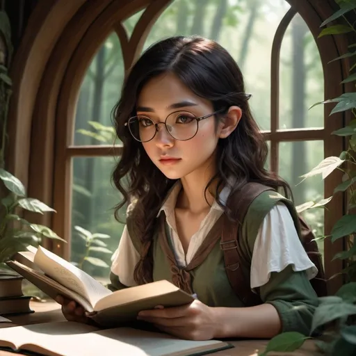 Prompt: An Asian Elf ranger with a pair of black glasses studying. in front of her encloses a window looking to a beautiful, poetic mystical forest around sunlight. She's a girl with wavy dark hair and brown eyes with a little bit of freckles