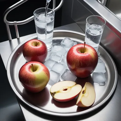 Prompt: Baldon was slumped against the sterile tray table in the hosptal that had a crystal clear glass of ice cold water and fresh, juicy slices of red delicious apples. expand the backround 