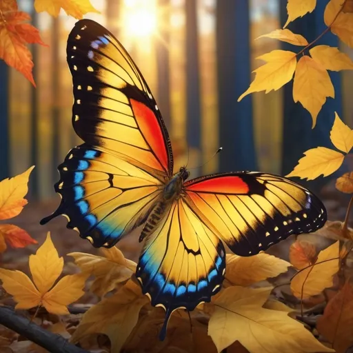 Prompt: (vibrant butterfly) intricate yellow, blue, and black wing patterns, autumn leaves surrounding, enchanting forest scene, (sunset glow), soft warm light filtering through towering trees, serene atmosphere, highly detailed, diverse backgrounds, capturing the delicate beauty and grace of nature, (4K), stunning color contrast, artistic flair.