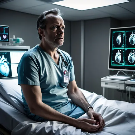 Prompt: 
"A 45-year-old man sitting on a hospital bed, looking anxious and holding his chest in pain, indicating a heart attack. The room is dimly lit, with a futuristic AI-powered medical scanner floating nearby, analyzing his heart condition in real-time. A glowing holographic display shows his heart rate and possible heart attack risk. The hospital room looks modern and high-tech, with a sleek, futuristic vibe."

