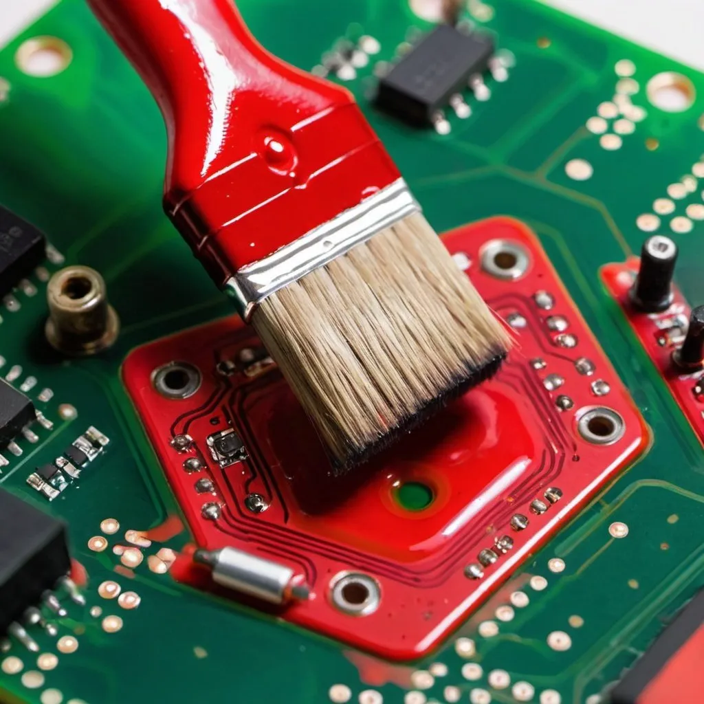 Prompt: A paint brush painting a circuit board with red paint 