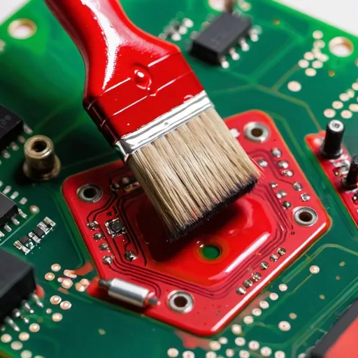 Prompt: A paint brush painting a circuit board with red paint 