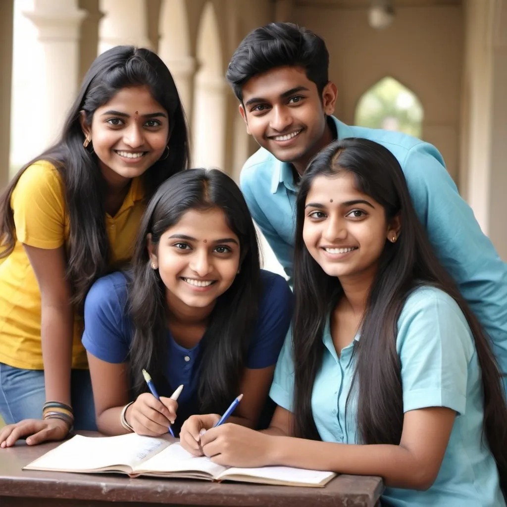 Prompt: Create an Indian group of 3 college students (Aged 18-23 years) studying with a smile. One must a boy and the other two must be girls