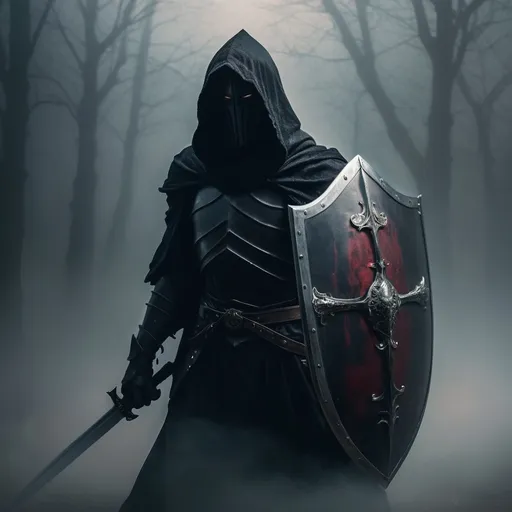 Prompt: a magic hooded black knight wielding a shield and a sword, ambient atmosphere in the mist, face covered with a shadow, gloomy, dreamlike