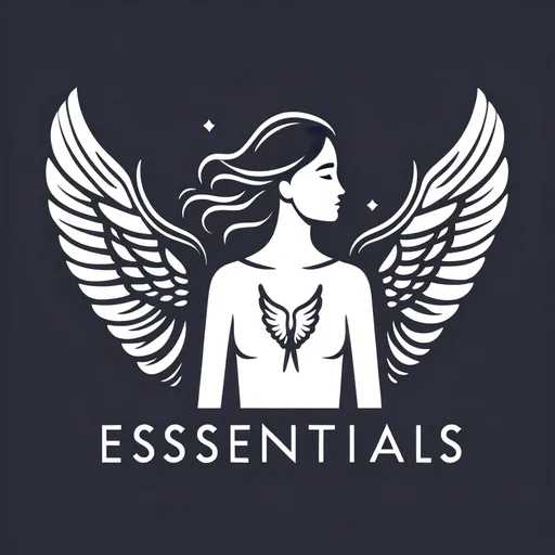 Prompt: Logo woman with wings and written Relief by essentials