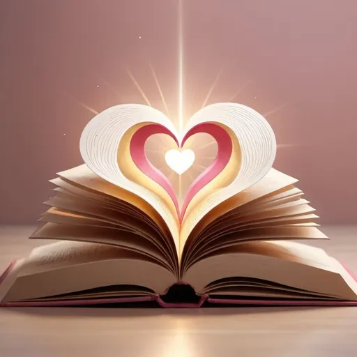 Prompt: Create a logo for 'Premisa de Carmen' featuring an open book with a heart in the center. Rays of light should be emanating from the heart, symbolizing inspiration and emotions. The style should be evocative and emotive, with soft and warm colors like pink, gold, and white. The book should have elegant, slightly curved pages, and the heart should be prominent and centered, glowing softly. The rays of light should be subtle but radiant, enhancing the feeling of inspiration and warmth
