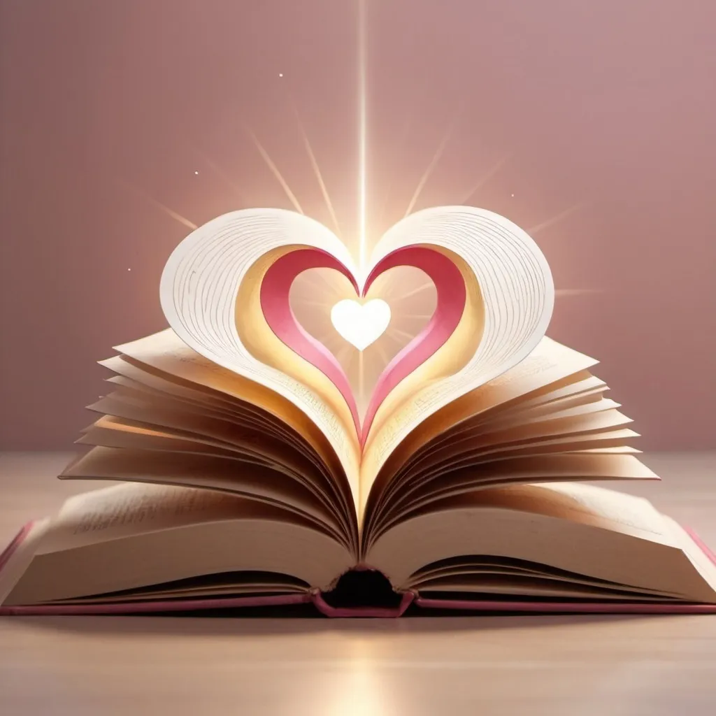 Prompt: Create a logo for 'Premisa de Carmen' featuring an open book with a heart in the center. Rays of light should be emanating from the heart, symbolizing inspiration and emotions. The style should be evocative and emotive, with soft and warm colors like pink, gold, and white. The book should have elegant, slightly curved pages, and the heart should be prominent and centered, glowing softly. The rays of light should be subtle but radiant, enhancing the feeling of inspiration and warmth