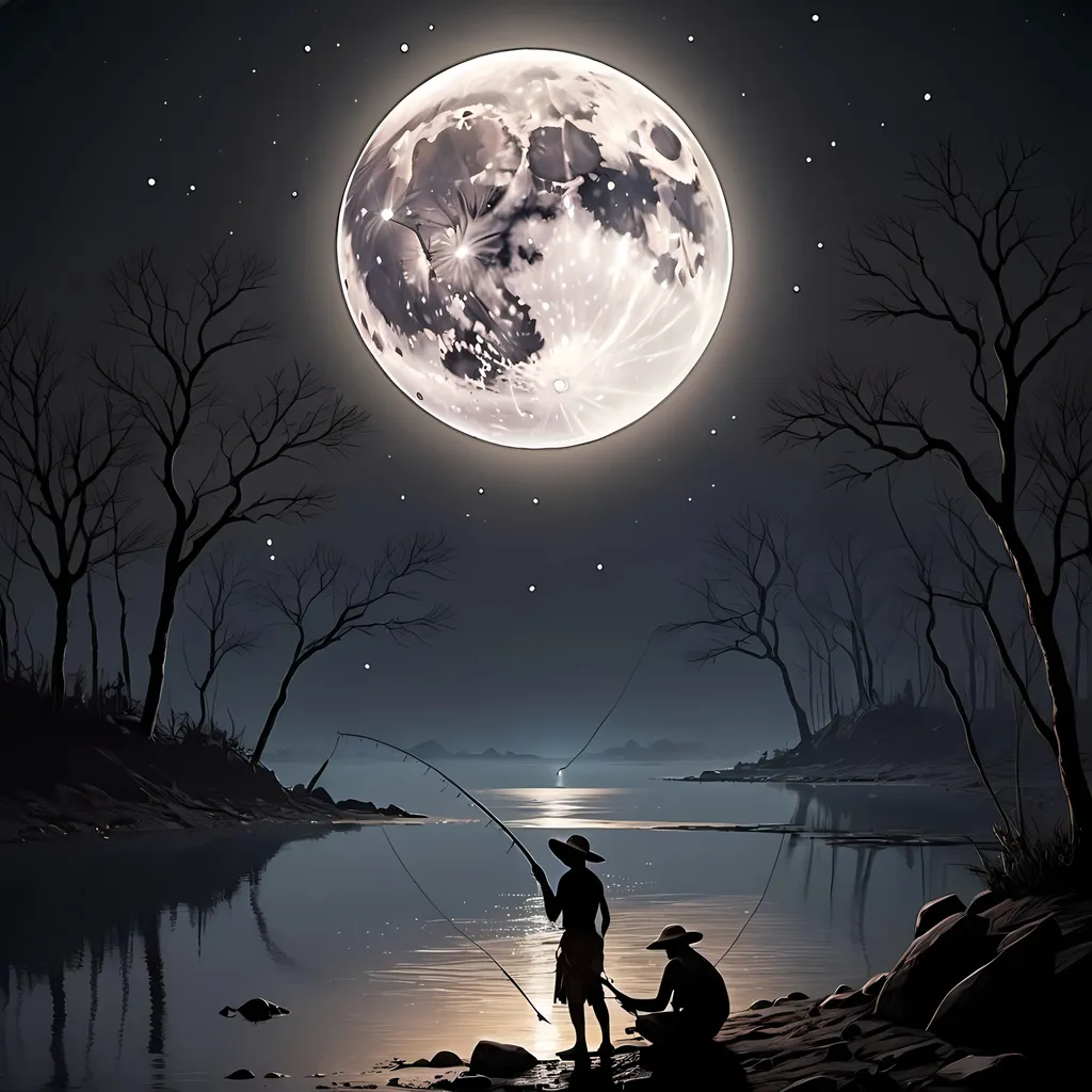 Prompt: A Indians Fishing in the moon at the night time 