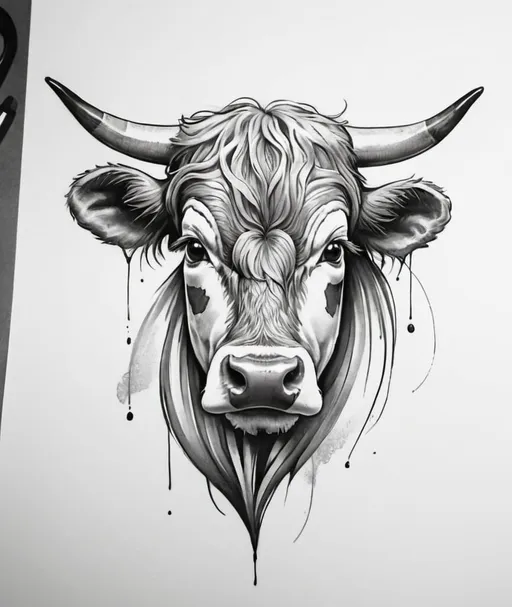 Prompt: Tattoo sketch, head of a cow with long hair, black and white